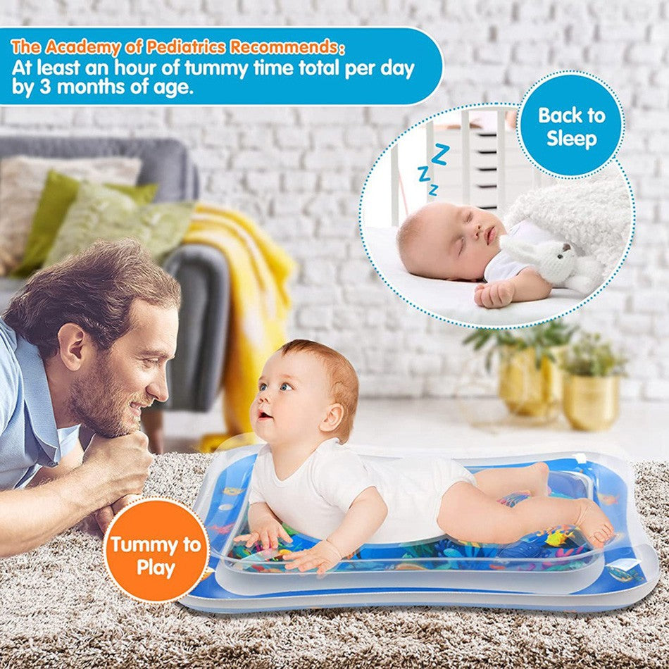 Tapete inflable de agua para estimular el desarrollo sensorial y motor del bebé. Ideal para tummy time, fácil de usar y de limpiar.