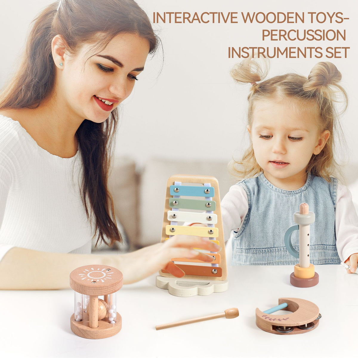 Juguete de Madera Montessori, Xilófono Multicolor, Cuentas de Campana, Tambor, I