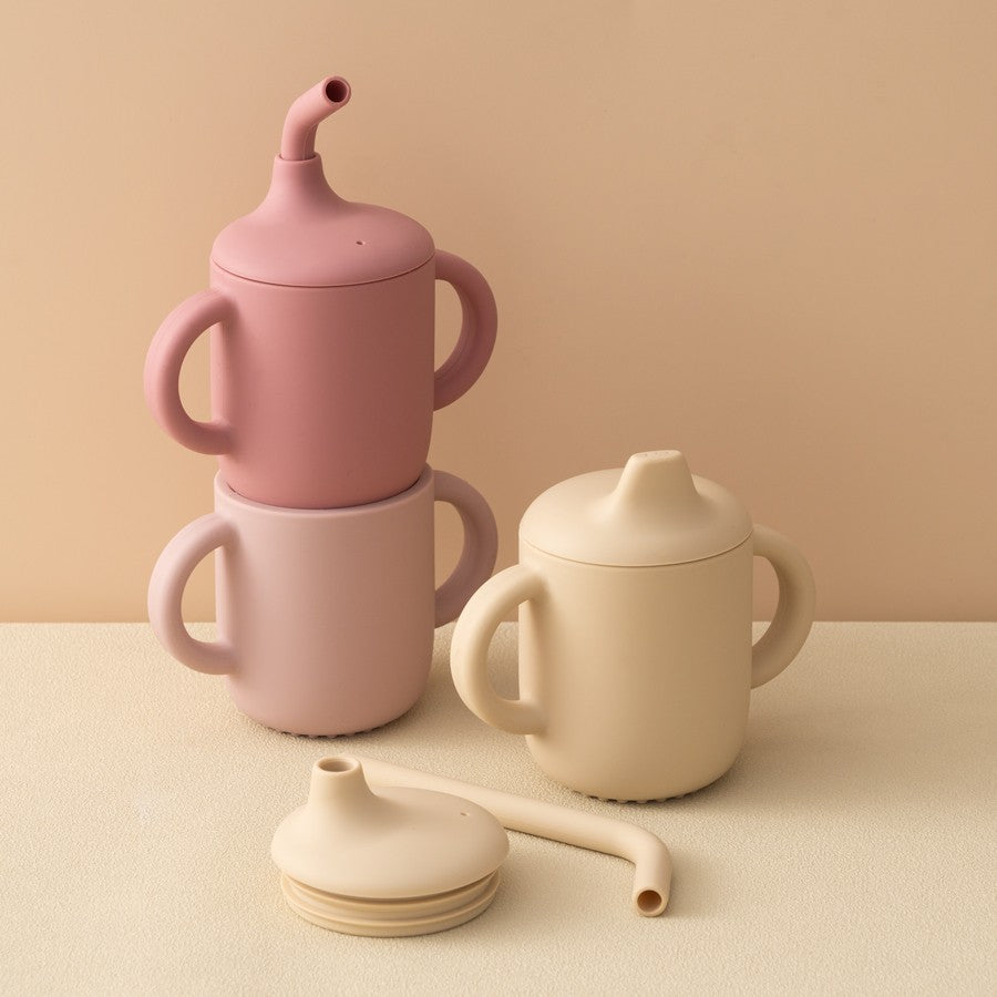Vaso de silicona para bebé con asas, pajita y dos tapas