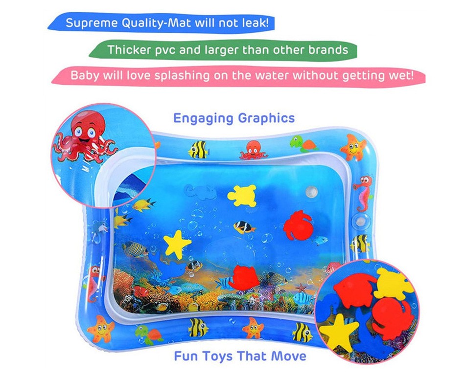Tapete inflable de agua para estimular el desarrollo sensorial y motor del bebé. Ideal para tummy time, fácil de usar y de limpiar.