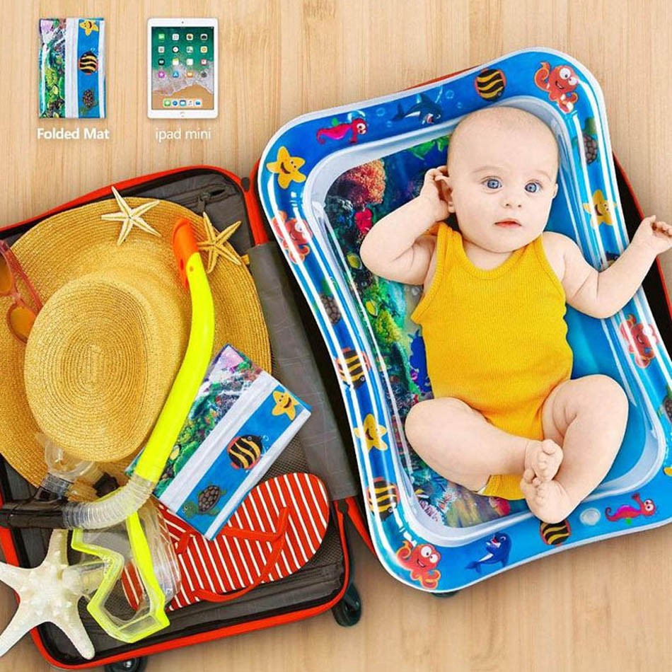 Tapete inflable de agua para estimular el desarrollo sensorial y motor del bebé. Ideal para tummy time, fácil de usar y de limpiar.
