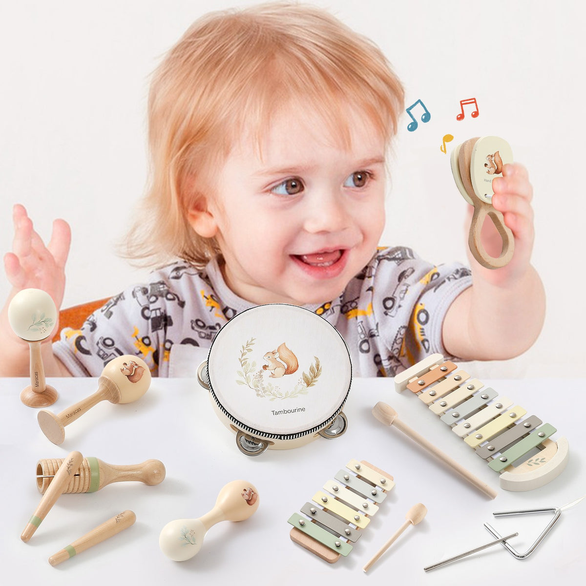 Juguete de Madera Montessori, Xilófono Multicolor, Cuentas de Campana, Tambor, I