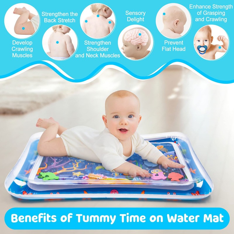 Tapete inflable de agua para estimular el desarrollo sensorial y motor del bebé. Ideal para tummy time, fácil de usar y de limpiar.